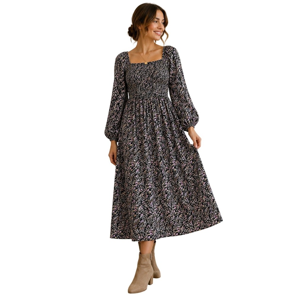 Pieces Floral Midi Dress Small‎ Black Pink Puff Sleeve Cottagecore Boho Smocked